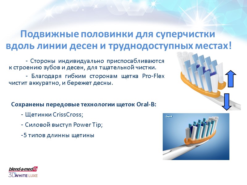 Подвижные половинки для суперчистки  вдоль линии десен и труднодоступных местах! - Стороны индивидуально